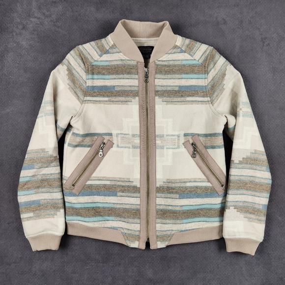 Pendleton Jackets & Blazers - Pendleton Santa Clara Jacquard Wool Bomber Jacket Womens Small Cream Blue